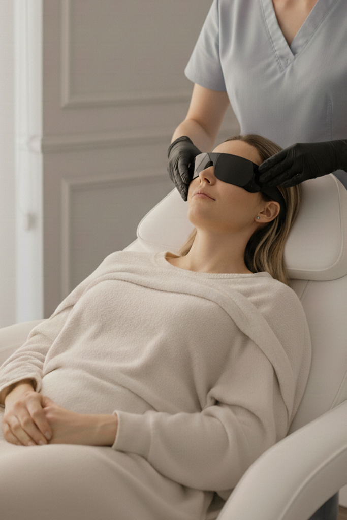 Provider adjusting protective eyewear in a clean medspa room.