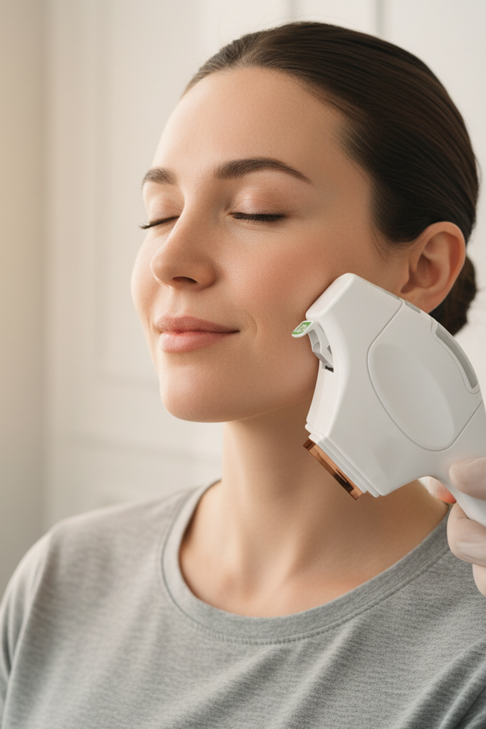 Bright, clear-skin portrait with a natural-looking refreshed finish in a clean medspa setting.