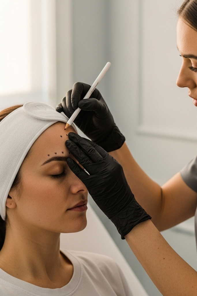 Provider mapping forehead injection points for Botox in a bright minimal medspa room.