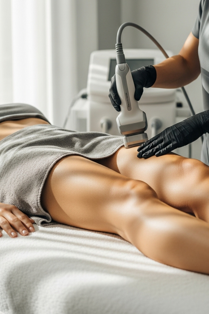 Provider using a tightening device on a client’s thigh to smooth texture in a bright medspa.