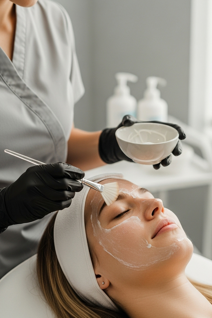 Provider applying a chemical peel with a small brush in a bright, clean medspa room.