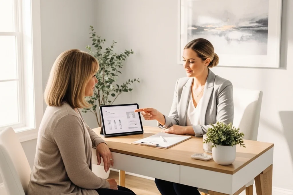 Provider reviewing skin goals and routine during a personalized consultation for a Clark County client.