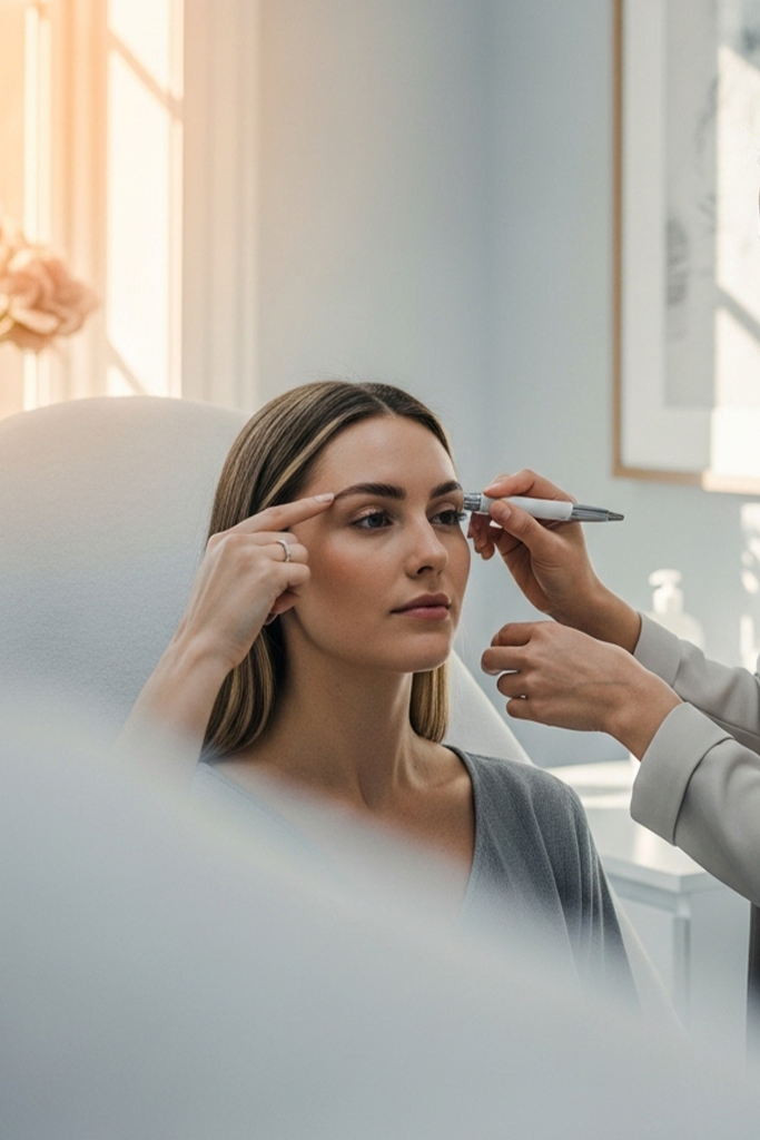 Provider assessing forehead movement for Dysport in a bright minimal medspa room.