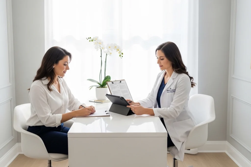 Provider reviewing skin goals and routine during a personalized consultation for an East Eau Claire client.