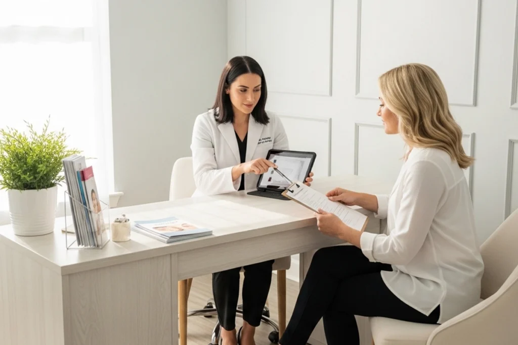 Provider reviewing skin goals and routine during a personalized consultation for a Lowes Creek client.