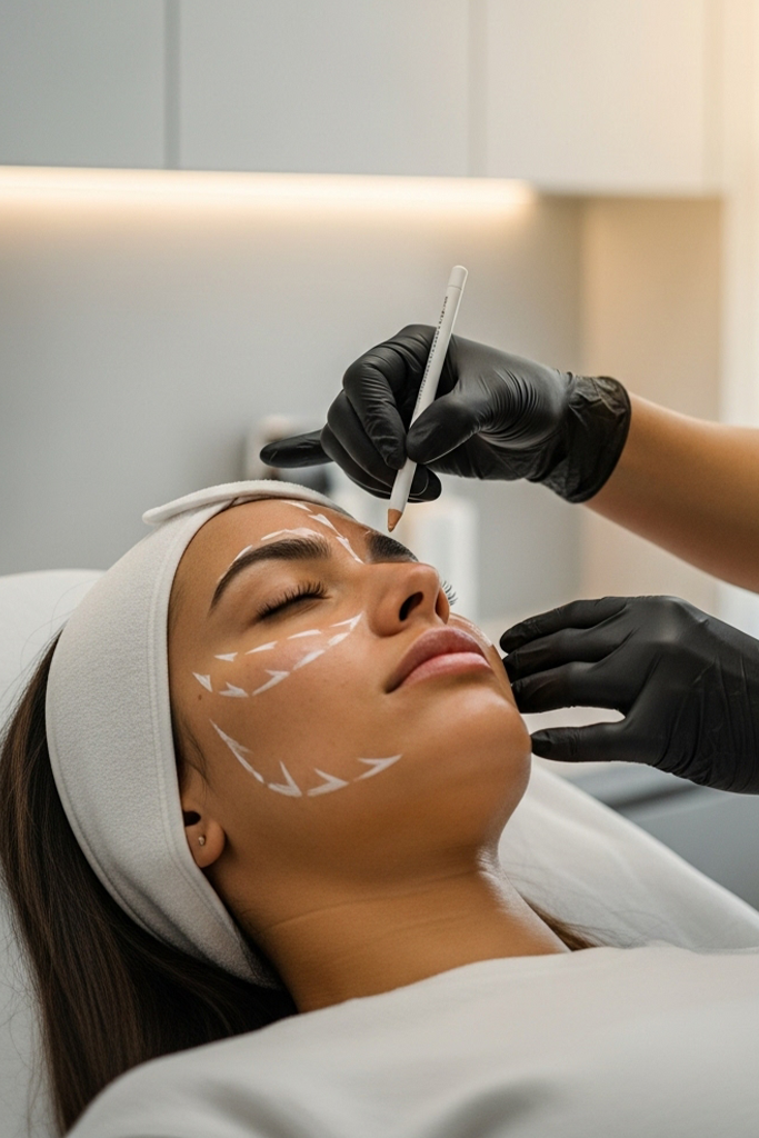 Provider marking cheek contour points for dermal filler in a bright minimal medspa room.