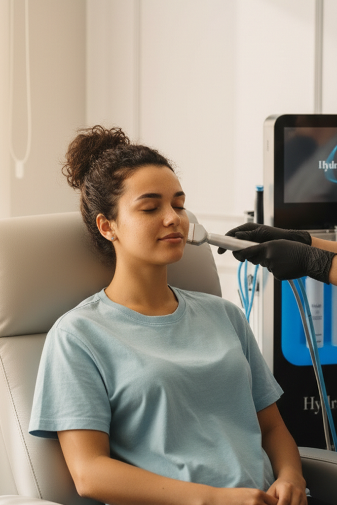 Close-up portrait showing an instant hydrated glow in a bright minimal medspa setting.