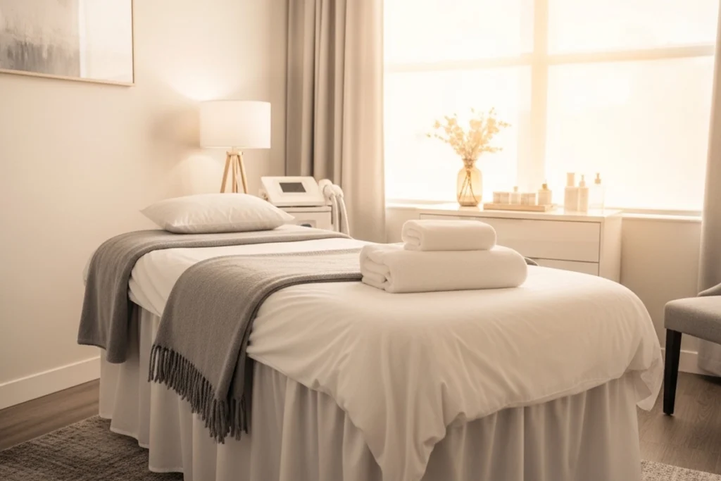 Calm, relaxing med spa treatment room representing comfort-focused care in Independence Park.