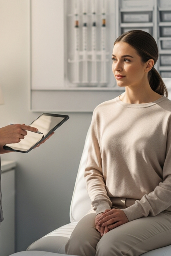Provider discussing a light, natural Jeuveau plan with a client in a bright minimal medspa room.