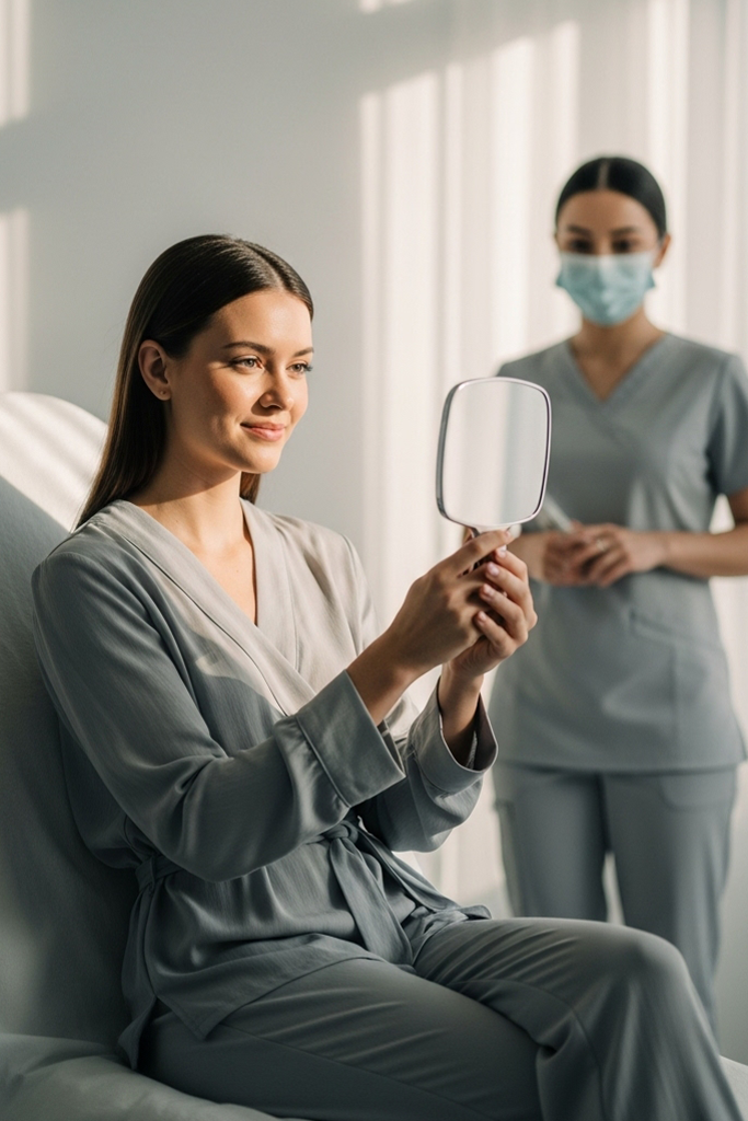 Client checking a refined lip shape in a small mirror after a lip flip in a bright clinic room.