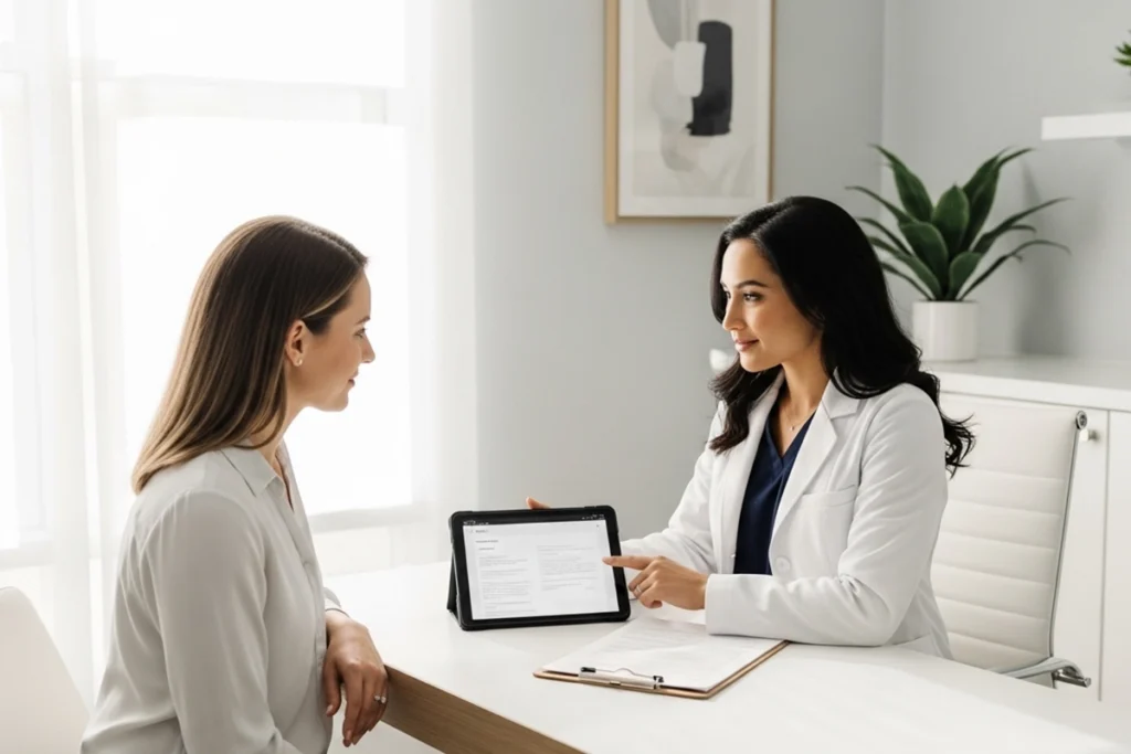 Provider reviewing skin goals and routine during a personalized consultation for a Lowes Creek.