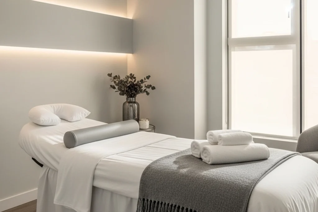 Calm, relaxing med spa treatment room representing comfort-focused care in Menomonie.