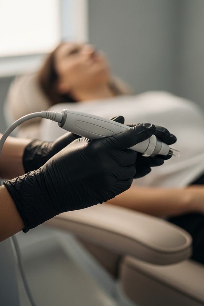 Provider holding a microneedling pen device in a bright minimal medspa room.
