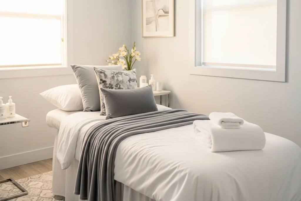 Calm, relaxing med spa treatment room representing comfort-focused care in North Eau Claire.