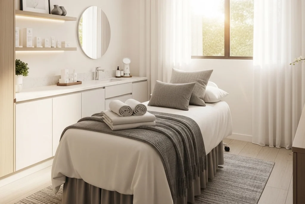 Calm, relaxing med spa treatment room representing comfort-focused care in North Side Hill.