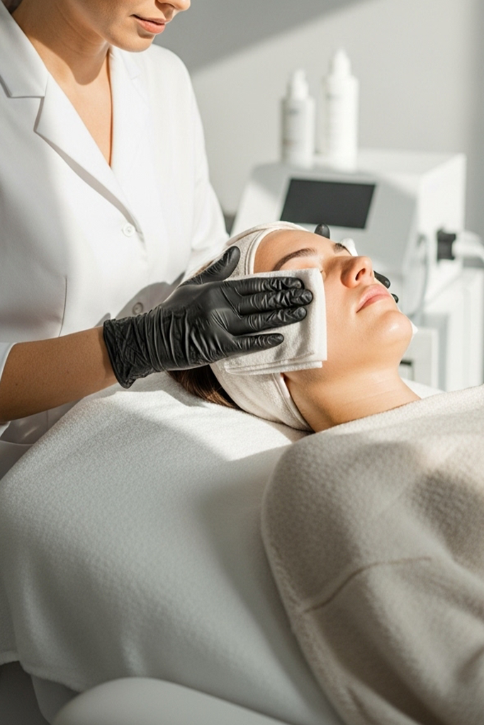 Client with headband during a gentle rejuvenation prep cleanse in a bright medspa room.