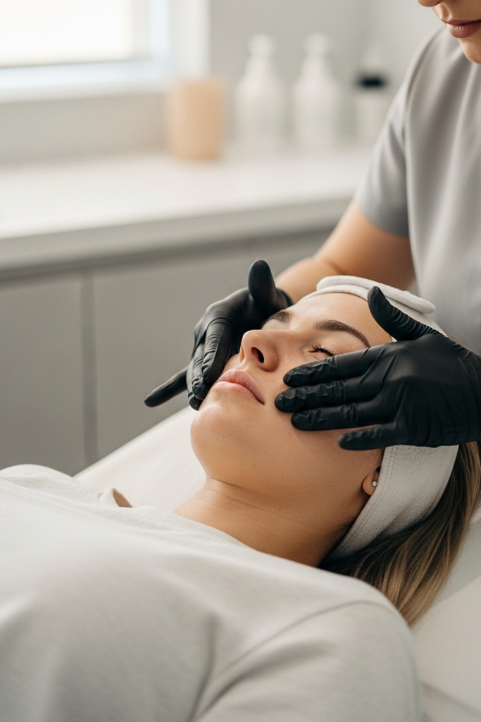 Provider performing sculpting facial massage with lifting techniques in a bright minimal medspa.