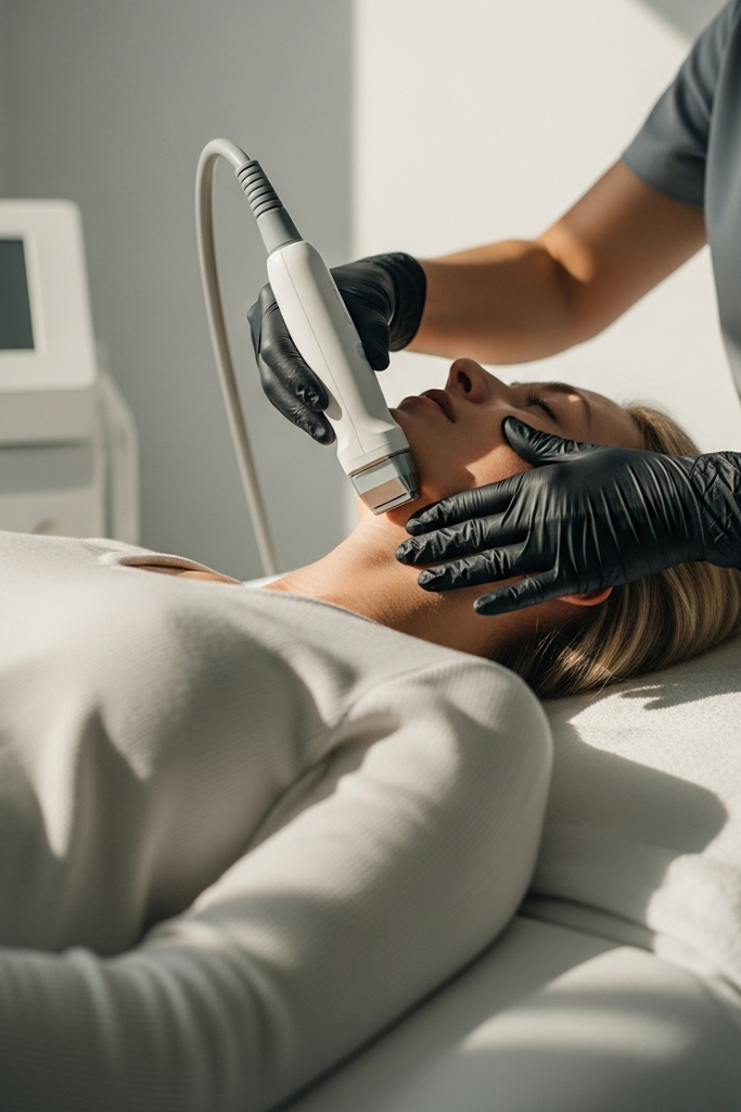 Non-surgical skin tightening session on the neck in a clean, bright medspa room.