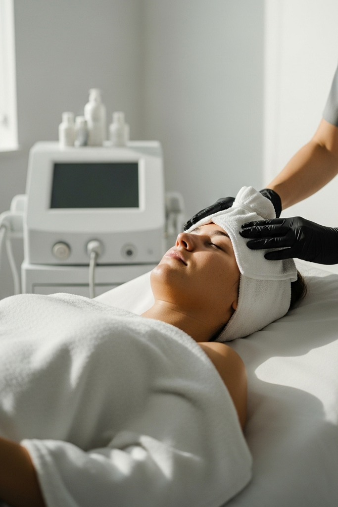 Client relaxing with warm towels during a spa facial in a bright minimal medspa room.