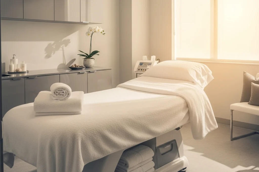 Calm, relaxing med spa treatment room representing comfort-focused care in St. Croix County.