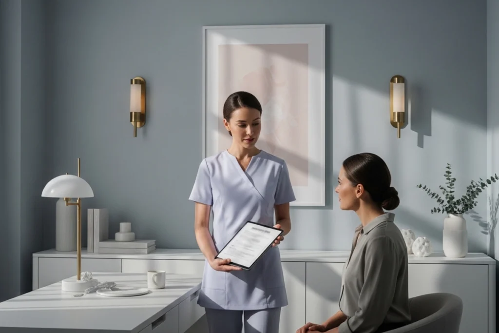 Provider and client reviewing treatment options and a personalized plan during a consultation.