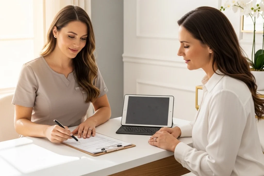 One-on-one med spa consultation reviewing concerns, goals, and medical history in a calm office.