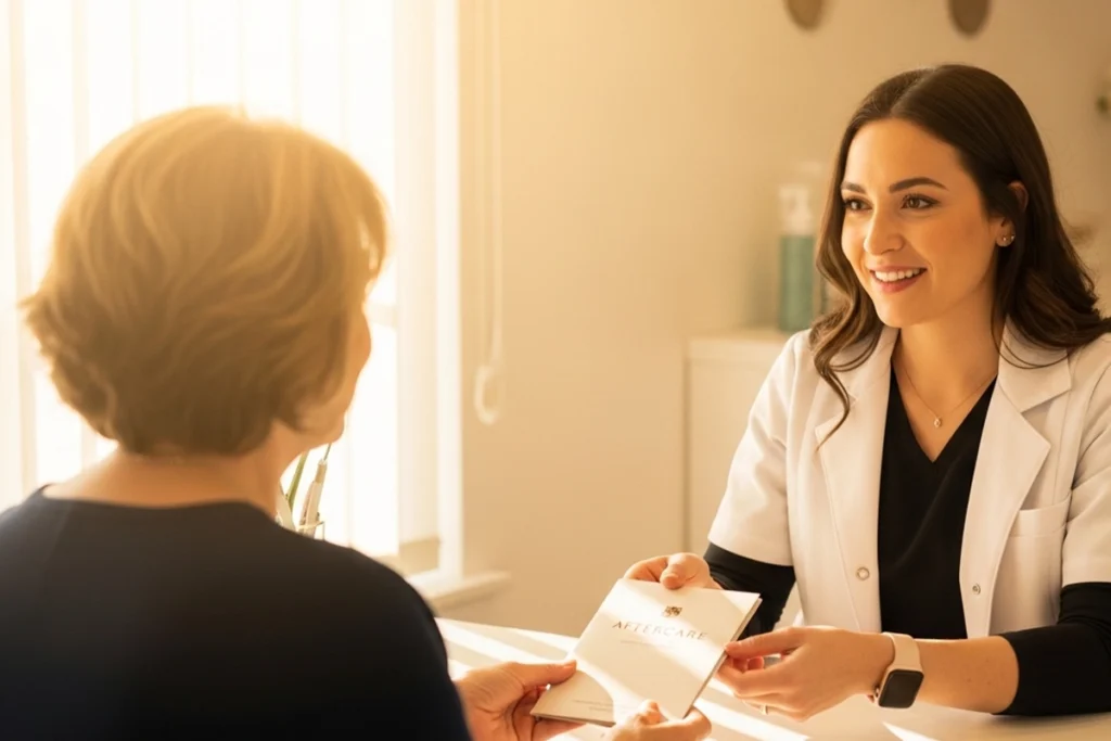 Provider handing aftercare instructions and next steps to a client after a med spa visit.
