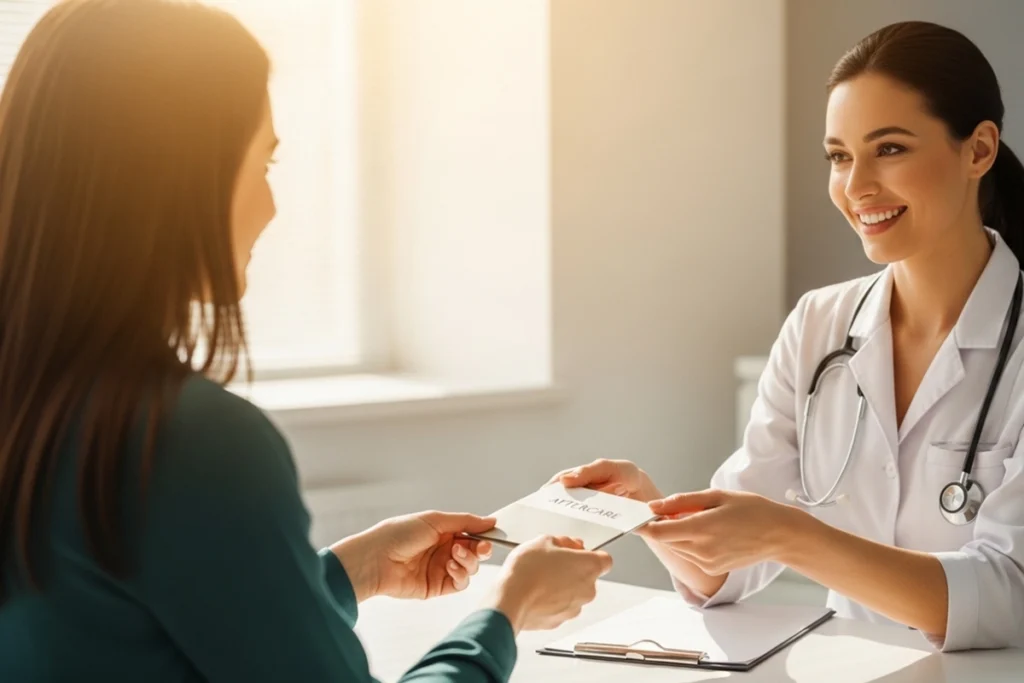 Provider handing aftercare instructions and next steps to a client after a med spa visit.