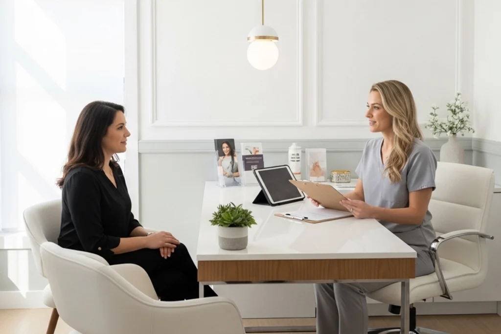 One-on-one med spa consultation reviewing goals and medical history in a bright, calm clinic setting.