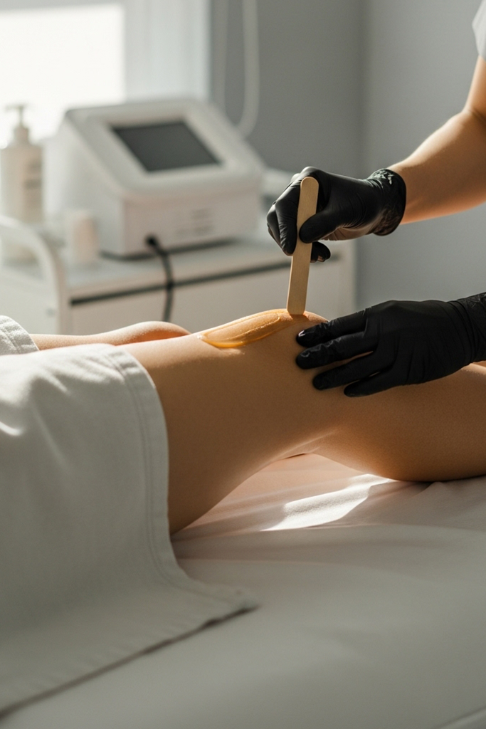 Professional body waxing on lower leg with clean linens in a bright medspa room.