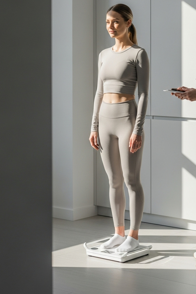 Client stepping on a scale in a bright clinic room with a calm, supportive feel.