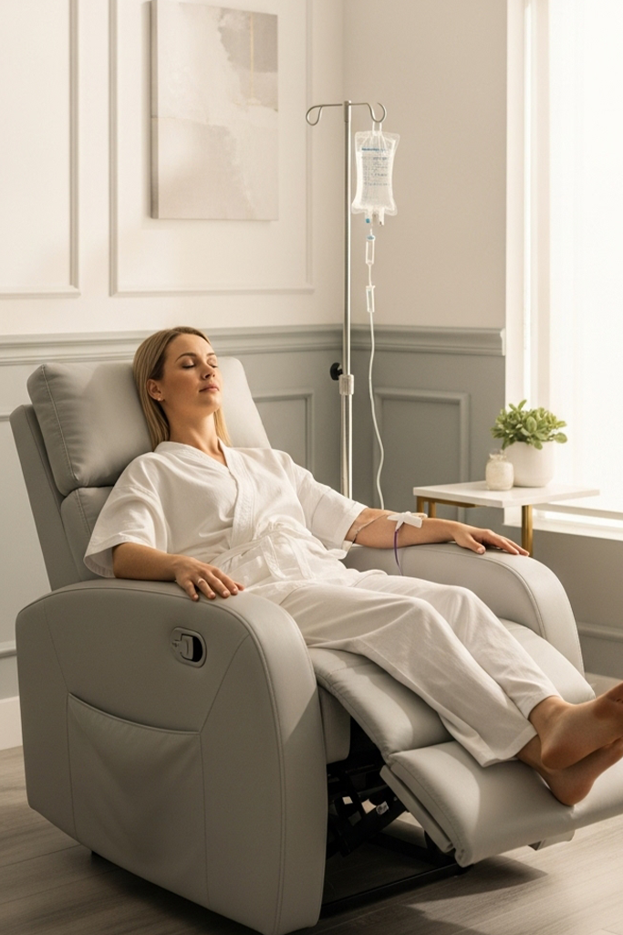 Client relaxing in a recliner with an IV drip in a bright, modern room.