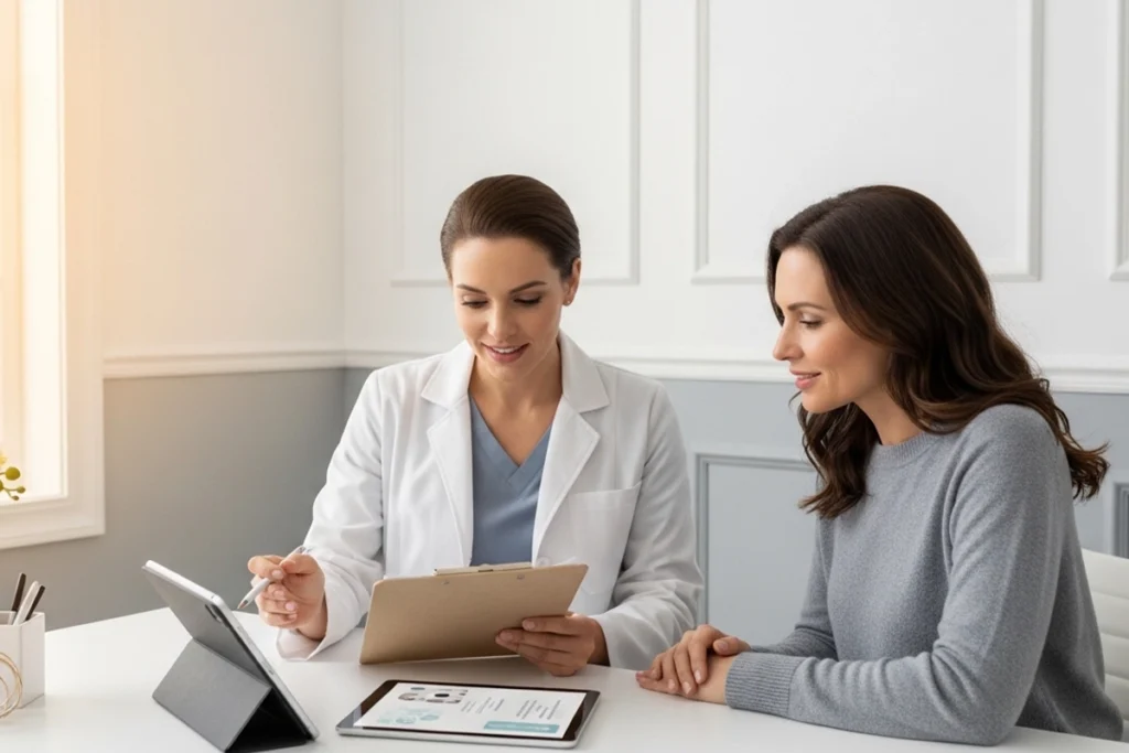 One-on-one med spa consultation reviewing concerns, goals, and medical history in a calm office.