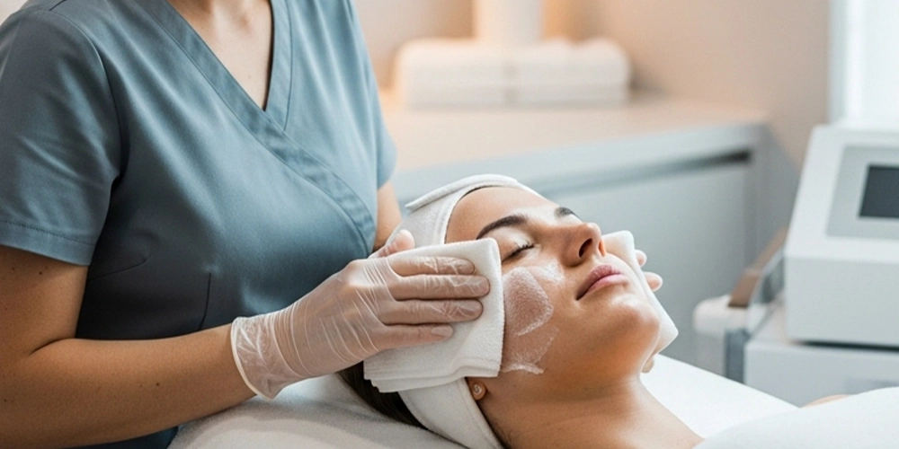 Provider performing a layered cleanse during a professional facial to remove deep buildup.