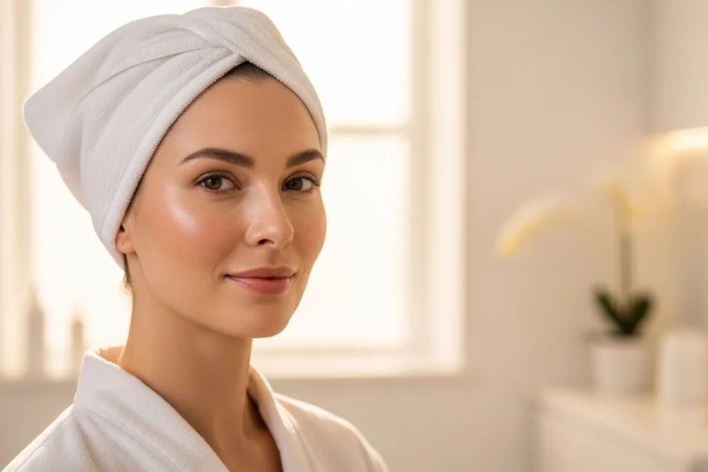 oman with smooth, glowing skin in a spa robe and towel, representing refreshed results after a HydraFacial or chemical peel treatment.